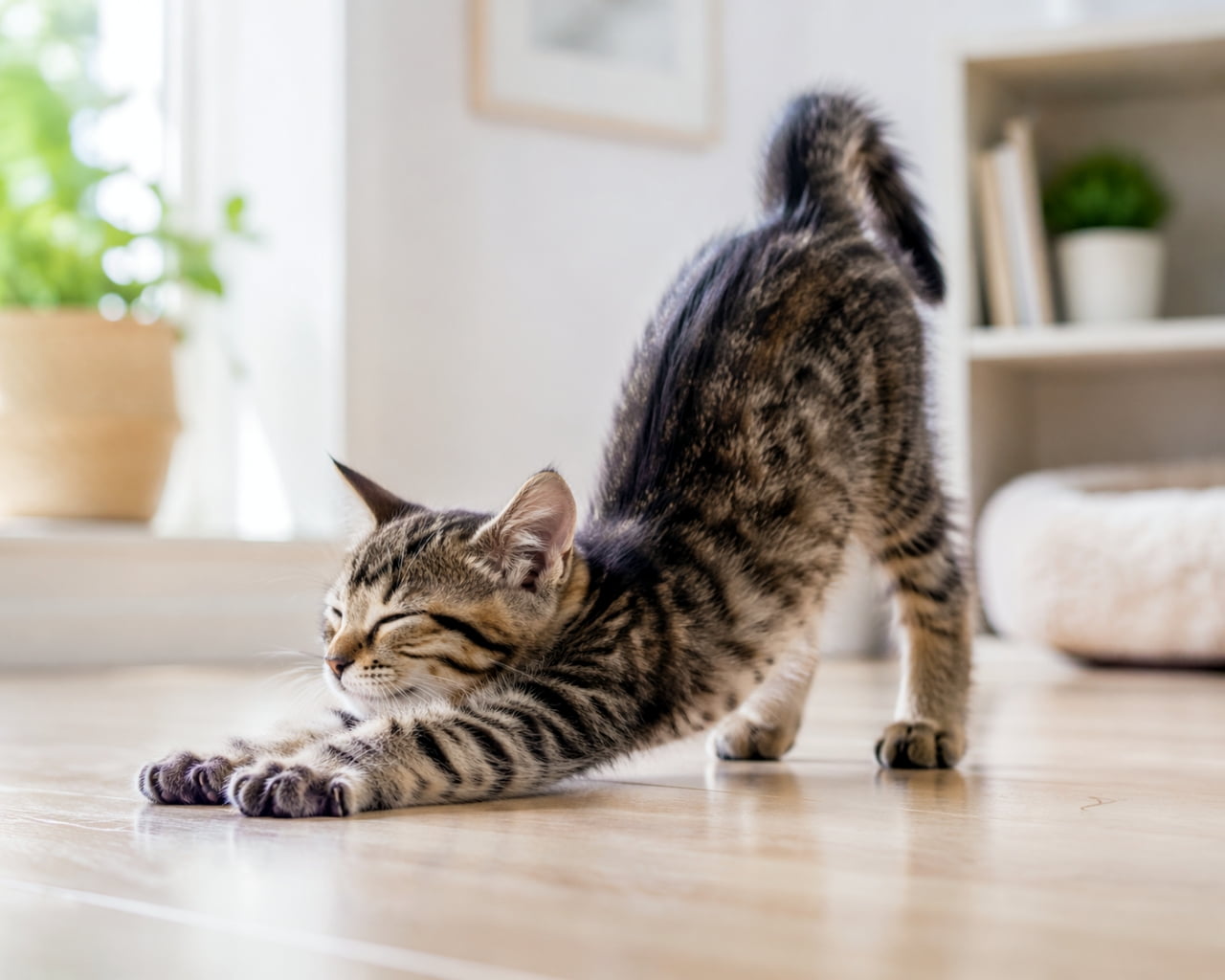 「んーーっ、のびのび〜！🐾 朝のストレッチ完了！今日も一日がんばろうにゃん💪✨」Ultra-realistic high-quality photograph of a tabby kitten from behind, standing on its hind legs with front paws on the windowsill, looking out at the green trees. 窓枠に前足をかけ、立ち上がって外の緑の景色を眺めているキジトラ子猫の後ろ姿。明るい自然光が差し込む室内の構図