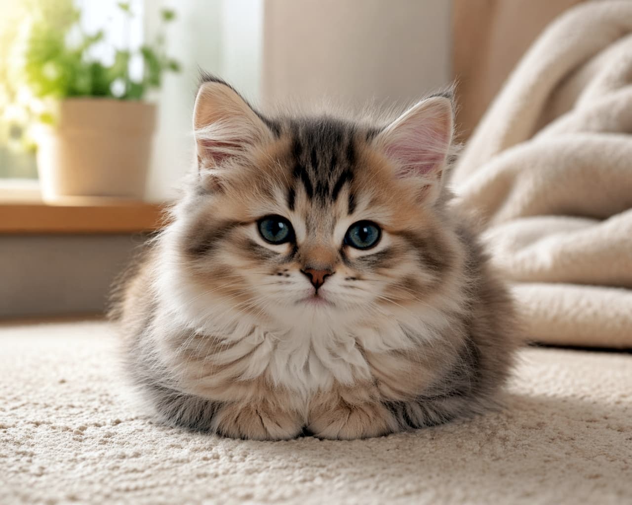 「まんまるの香箱座りでお出迎え🍞✨ 優しい光に包まれたフワフワ子猫と目が合っちゃう至福の1枚💕」Ultra-realistic high-quality photograph of a fluffy long-haired tabby kitten sitting in a loaf pose on a light carpet, looking directly at the camera. Soft sunlight streams through the window, with a plant and blanket blurred in the background. 窓からの柔らかな日差しが差し込む室内で、カーペットの上に香箱座りをしてカメラをまっすぐ見つめる長毛キジトラ子猫の高画質写真。背景には観葉植物とブランケットが配置されている