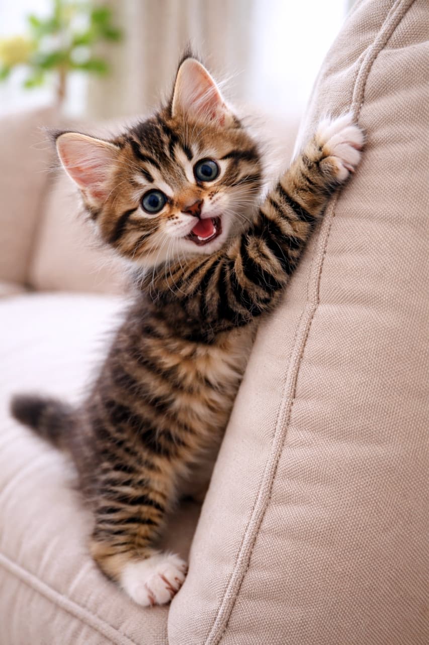 「遊んで遊んでー！😆 ソファにしがみつくやんちゃな姿に元気をもらえます✨🐾 #やんちゃ猫 #にゃんすたぐらむ」Ultra-realistic high-quality photograph of a playful tabby kitten clinging to a beige sofa, meowing happily with an energetic expression in a bright room. ベージュのソファの背もたれに前足でしがみつき、口を大きく開けて元気よく鳴いている（または遊んでいる）キジトラの子猫。活発で遊び心あふれる瞬間を切り取った高画質な写真