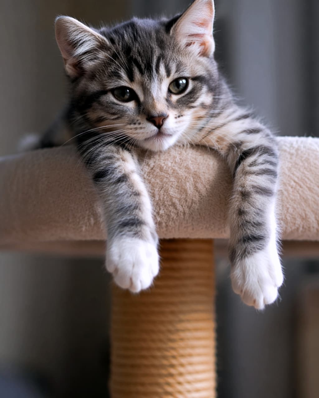 「キャットタワーの上でだら〜ん🐈💤 リラックスモード全開の子猫ちゃんと一緒にひと休みしませんか？☕️」Ultra-realistic high-quality photograph of a silver tabby kitten relaxing on a cat tree, letting its white-gloved front paws hang down loosely, with a soft and peaceful expression against a muted background. キャットタワーの最上段から、白い前足をだらんとぶら下げてリラックスしているサバトラ子猫の高画質写真。落ち着いた色合いの背景で、子猫の穏やかな表情が印象的