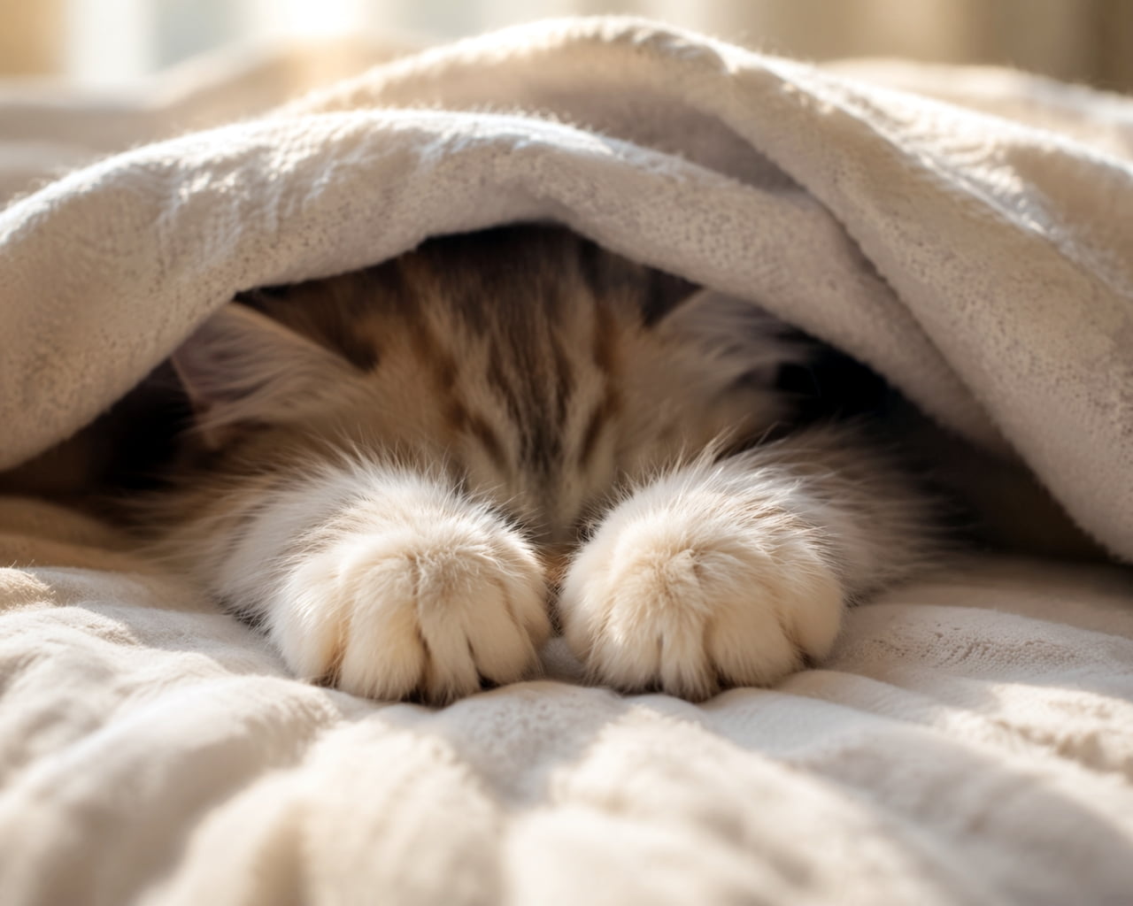 「お布団からおててだけチラリ🐾💤 ぬくぬくお昼寝タイム中の猫ちゃん、一緒に潜り込みたい…！🛌✨」Ultra-realistic high-quality photograph of a cat taking a nap completely burrowed under a soft beige blanket, with only its two fluffy front paws sticking out into the warm sunlight. 柔らかなベージュの毛布にすっぽりと潜り込み、顔を隠して2つの前足だけをちょこんと出してお昼寝をしている猫の高画質写真。温かみのある光が差し込んでいる