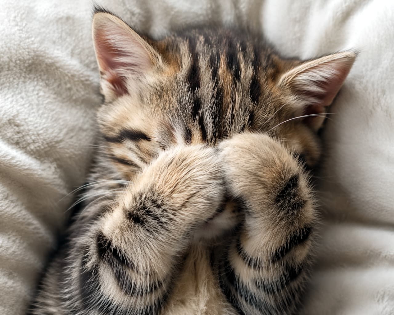 「まぶしいのかな？🙈🐾 おててでお顔を隠して爆睡中の子猫ちゃん。可愛すぎて息が止まりそう…！👼」Ultra-realistic high-quality photograph, a close-up of a sleeping tabby kitten lying on its back on a fluffy white blanket, completely hiding its face with both front paws in an incredibly cute sleeping position. ふわふわの白い毛布の上で仰向けになり、両方の前足で顔を隠すようにしてぐっすり眠るキジトラ子猫のクロースアップ高画質写真。愛らしい寝姿が細部まで描写されている
