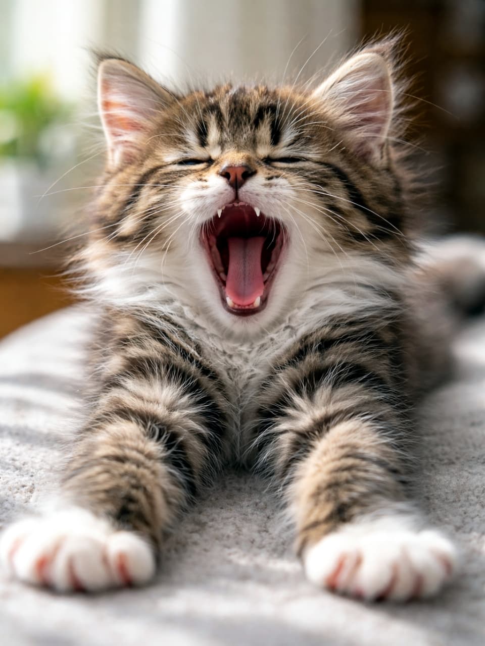 「ふわぁ〜🥱 思い切り伸びをして大あくび！見てるこっちまで眠くなっちゃう可愛さです🐾💤 #猫のあくび #癒しタイム」Ultra-realistic high-quality photograph of a fluffy kitten stretching its front paws and yawning widely, bathed in warm sunlight, showing its tiny teeth and tongue. 日差しの差し込む室内で、両前足を思い切り前に伸ばして大あくびをしている長毛の子猫。小さな歯や舌まで鮮明に写っており、無防備でリラックスした姿を捉えた高画質な写真