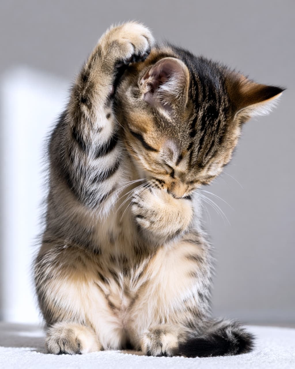「一生懸命お顔をカキカキ…🐾✨ 毛繕い中の無防備な姿が可愛すぎるキジトラ子猫ちゃんです🐈💕」Ultra-realistic high-quality photograph of an adorable tabby kitten sitting on a white rug against a light gray background, enthusiastically washing its face with its front paw during a grooming session. 明るいグレーの背景と白い敷物の上で、座りながら一生懸命に前足で顔を洗うキジトラ子猫の高画質写真。毛繕いをする愛らしい仕草が細部まで鮮明に捉えられている