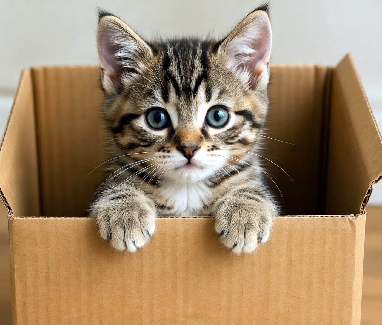 「じゃじゃーん！箱の中からこんにちは📦🐾 猫ってどうしてこんなに箱が好きなんだろう？😆」Ultra-realistic high-quality photograph of an adorable tabby kitten peeking its head and paws out of a brown cardboard box. 茶色いダンボール箱の中から顔と前足を出し、くりくりの目でこちらを見つめているキジトラ子猫
