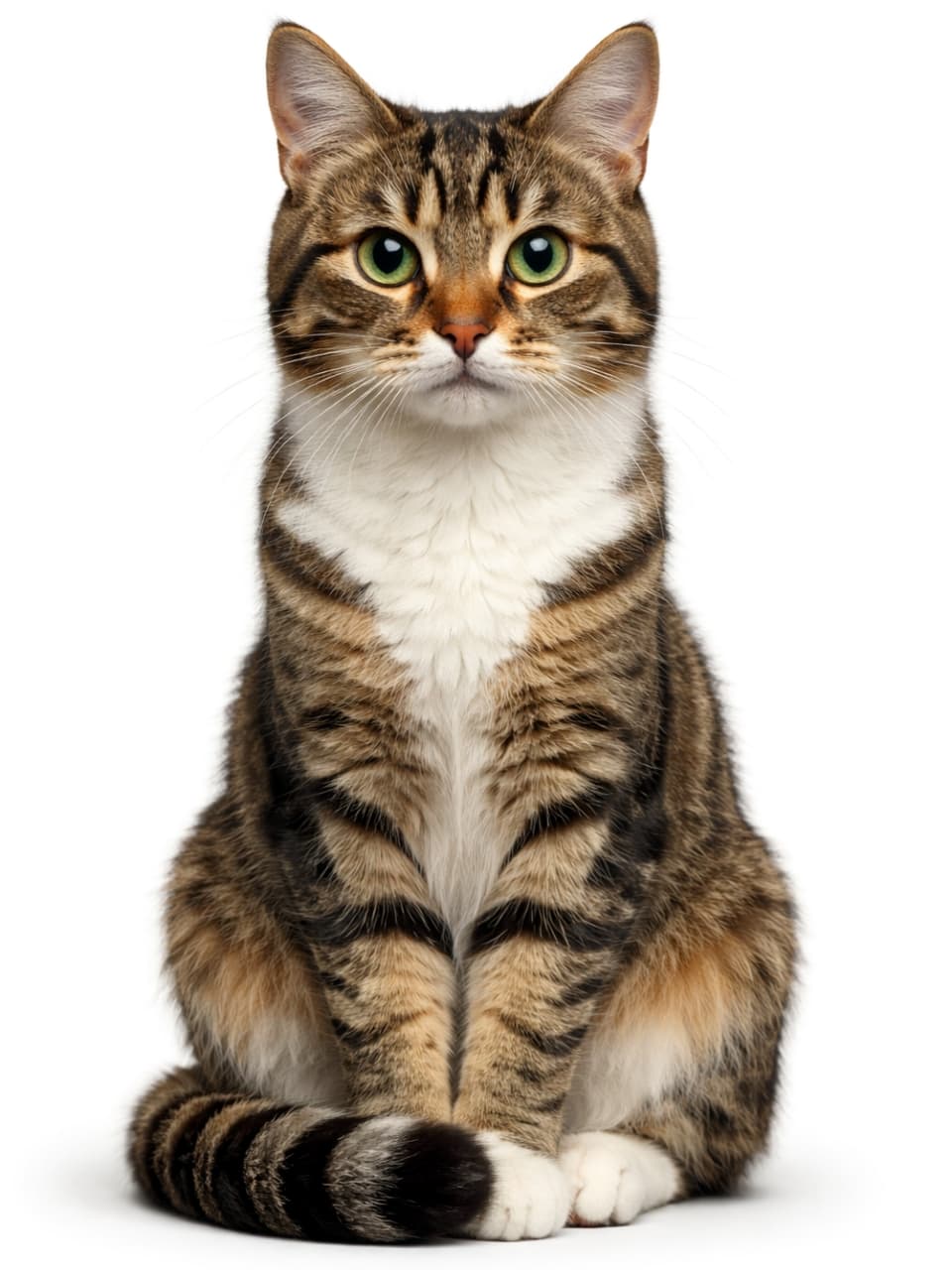 「どこから見ても完璧な美しさ。左側にくるりと巻いた尻尾がチャームポイントの、気品あふれるキジトラちゃんです✨ #美猫 #キジトラ #モデル猫 #猫のいる幸せ」Ultra-realistic high-quality photograph. A full-body front view of a brown and white tabby cat sitting regally on a white background. Its long, thick tail is gracefully curled toward the left side of the frame. The cat has striking emerald green eyes and a highly defined, near-symmetrical tabby pattern. 白背景のスタジオで、正面を向いて凛と座るキジトラ白猫の全身写真。長く立派な尻尾が、猫の足元を通って**向かって左側（猫自身の右側）**へと美しく巻かれている。エメラルドグリーンの瞳と、左右対称に近い縞模様が特徴
