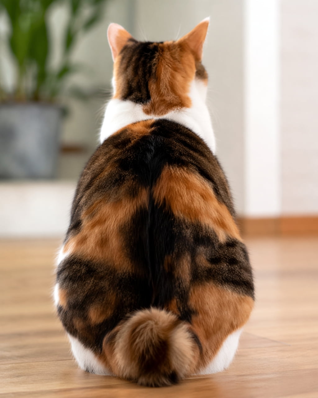 「まん丸な背中が愛おしい…🥺💕何を考えてるのかな？そっと抱きしめたくなる三毛猫ちゃんの後ろ姿🐈‍⬛✨」Ultra-realistic high-quality photograph of a cute calico cat sitting on a wooden floor with its back turned to the camera in a bright room. 明るい室内のフローリングに背を向けてちょこんと座る、丸みを帯びたフォルムが愛らしい三毛猫の後ろ姿のリアルな高画質写真