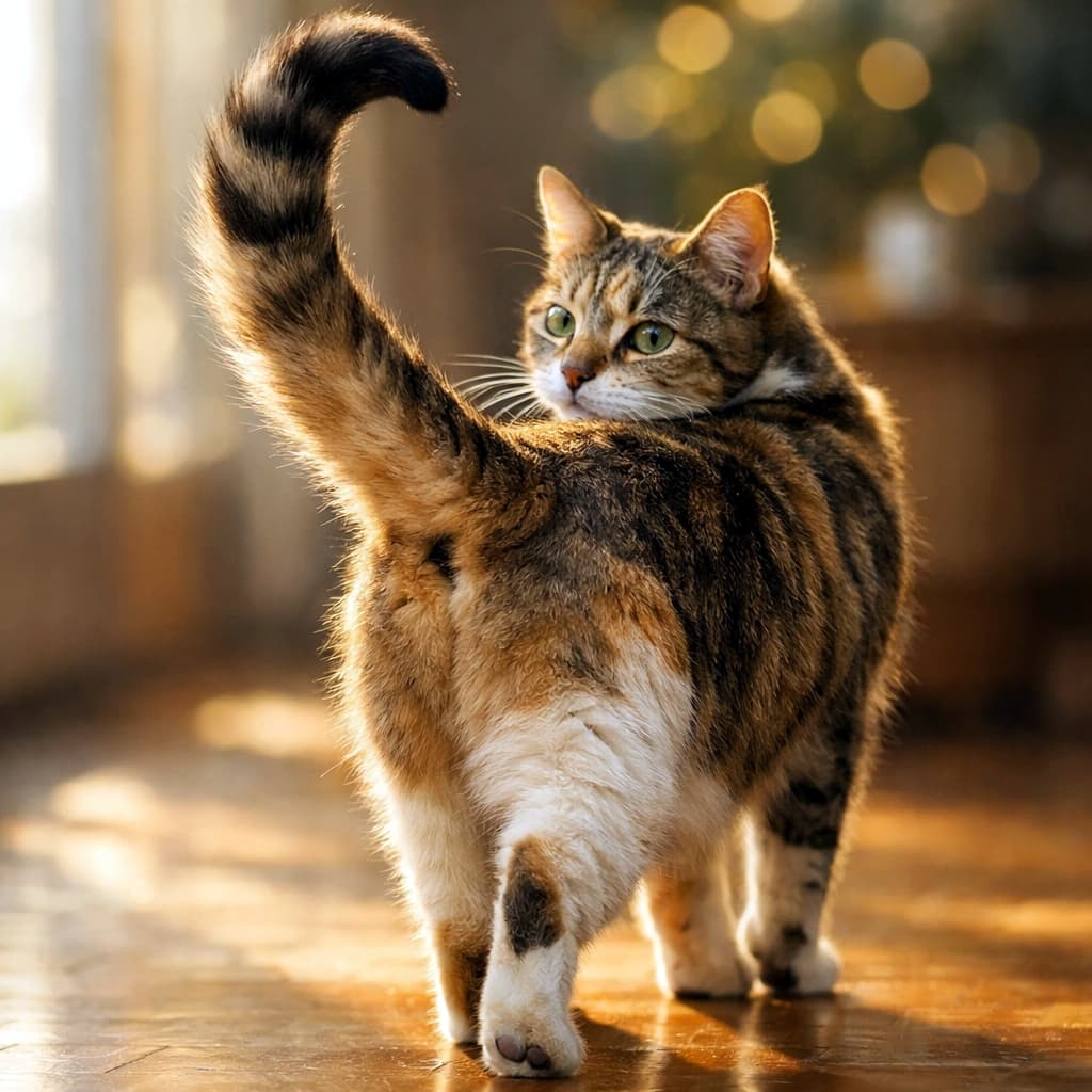 「振り返り美ニャン🐾✨ エレガントな尻尾が自慢。朝の光に照らされて、モデル気分で歩き去る姿にキュン💕」A photorealistic square close-up photograph of a calico-patterned tabby cat walking away on a wooden floor, looking back over its left shoulder directly at the camera. The focus is on its elegant, expressive tail held straight up with a slight curve, catching the soft morning sunlight filtering from a window. The background is a beautiful, warm bokeh. 写実的な正方形のクローズアップ写真。三毛模様のキジトラ猫が木製の床の上をカメラから遠ざかるように歩き、左肩越しに振り返ってカメラを見つめている。窓から差し込む柔らかい朝の光を浴び、先端が少しカーブして直立した、エレガントで表情豊かな尾が主役。背景は暖かく美しいボケ