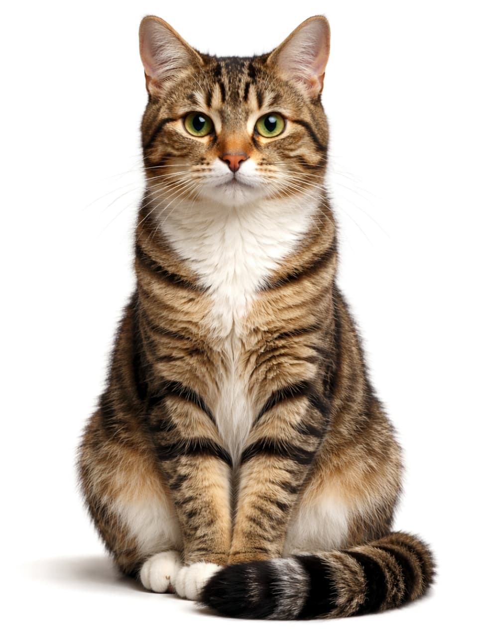 「お行儀よく「はい、ポーズ！」🐾 右側に尻尾をちょこんと出した、クラシカルで愛らしいお座り姿です。 #猫 #お座り #キジトラ白 #猫好きさんと繋がりたい」Ultra-realistic high-quality photograph. A brown and white tabby cat sitting neatly on a pure white background, looking straight at the camera. Its tail is tucked around its paws with the tip visible on the right side of the frame. It has alert ears and a calm, focused expression. 真っ白な背景に、お行儀よく正面を向いて座るキジトラ白猫。自慢の尻尾を足元に添え、先を**向かって右側（猫自身の左側）**に出したポーズをとっている。耳をピンと立て、落ち着いた表情でカメラを真っ直ぐ見つめている