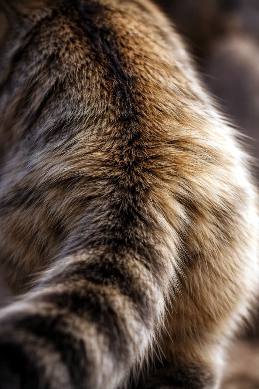 「もふもふの極み😍 ずっと撫でていたくなるような美しい毛並みにうっとり…✨ #もふもふ #猫の毛並み」Ultra-realistic high-quality photograph showing a close-up of a tabby cat's back and the base of its tail, highlighting the soft, fluffy texture of the fur shining in the light. キジトラ猫の背中から尻尾の付け根にかけての毛並みをクローズアップした高品質な写真。光を浴びて輝く柔らかくふさふさとした毛の質感が詳細に描写されている