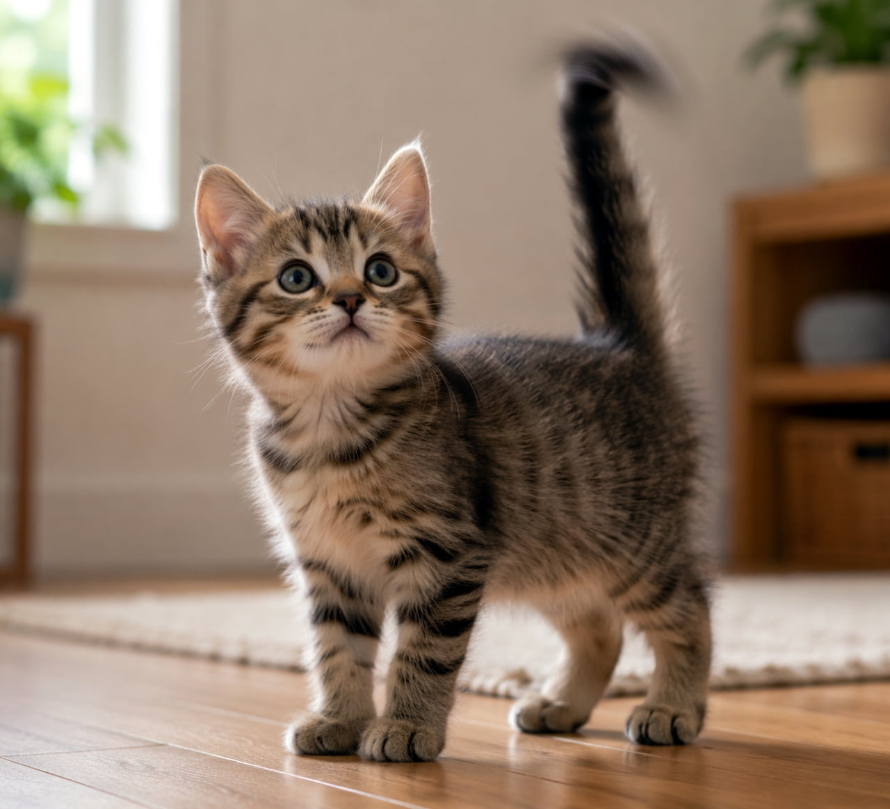 「何か見つけたのかな？👀✨ピンと立ったしっぽと、キラキラのおめめがたまらないキジトラ子猫ちゃん🐈💕」Ultra-realistic high-quality photograph of a cute tabby kitten standing on a wooden floor in a warm indoor setting, looking up with curiosity and an upright, wagging tail. 温かい光が差し込む室内のフローリングに立ち、ピンと立てた尻尾を揺らしながら好奇心旺盛に上を見上げるキジトラの子猫のリアルな高画質写真