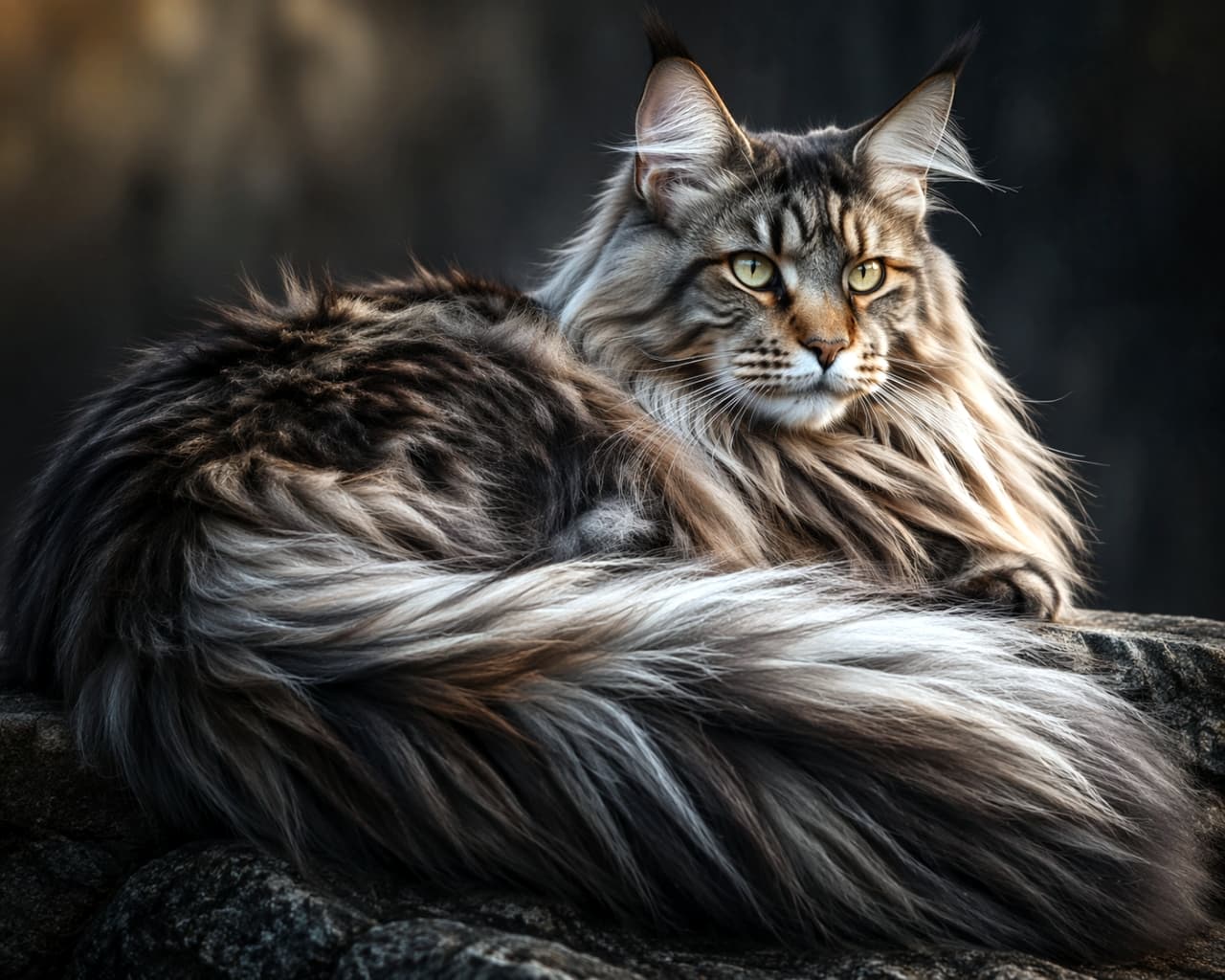 「圧倒的なオーラ✨ まるで森の王様のような気高さに惚れ惚れしちゃう…🌲🐈 #メインクーン #長毛猫」Ultra-realistic high-quality photograph of an elegant long-haired cat resting on a rock, with its majestic fur and dignified expression illuminated by dramatic light. 自然の岩の上に横たわり、遠くを見つめる長毛猫（メインクーン風）の高画質写真。優雅な毛並みと凛とした表情がドラマチックな光に照らされている