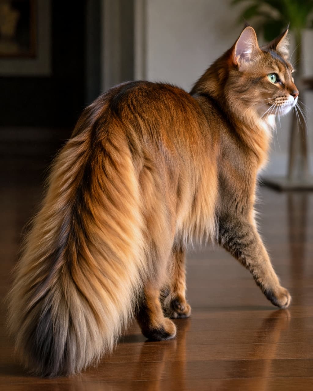 「なんて優雅な立ち振る舞い…！✨ふさふさのしっぽと美しい毛並みに見とれちゃう魅惑の猫ちゃん🐈💎」Ultra-realistic high-quality photograph of an elegant long-haired cat walking gracefully on a wooden floor in a chic room, captured from a side profile. シックな室内のフローリングを優雅に歩く、ふさふさの毛並みが美しいソマリのような長毛猫を横から捉えたリアルな高画質写真