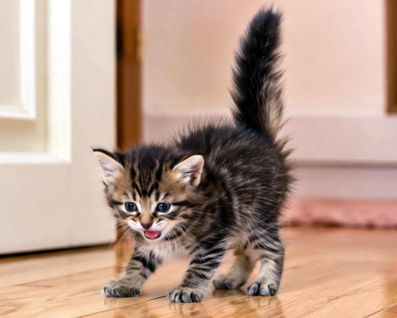 「いっちょまえに威嚇ポーズ！😾🔥 小さな体で一生懸命な姿がたまらなくキュート💖 #子猫 #やんちゃ猫」Ultra-realistic high-quality photograph of a tiny tabby kitten standing on a wooden floor in an alert posture with raised fur and tail, showing a cute threatening expression. フローリングの床の上で、しっぽと背中の毛を逆立てて警戒姿勢をとる小さなキジトラ子猫の高画質写真。可愛らしい威嚇の表情が躍動感とともに捉えられている