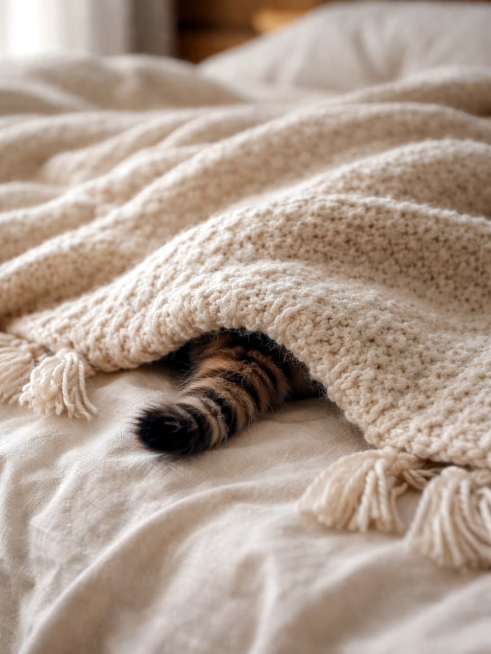 「かくれんぼ中かな？🫣 ブランケットからちょっとだけ見えてるしっぽがたまらない💕 #かくれんぼ猫 #冬の猫」Ultra-realistic high-quality photograph of a tabby cat's tail peeking out from under a chunky ivory knitted blanket on a bed, conveying a warm and cozy atmosphere. ベッドの上に広げられたアイボリーのざっくりとしたニットブランケットの下から、キジトラ猫の尻尾の先だけが覗いている、温かみのある高品質な写真