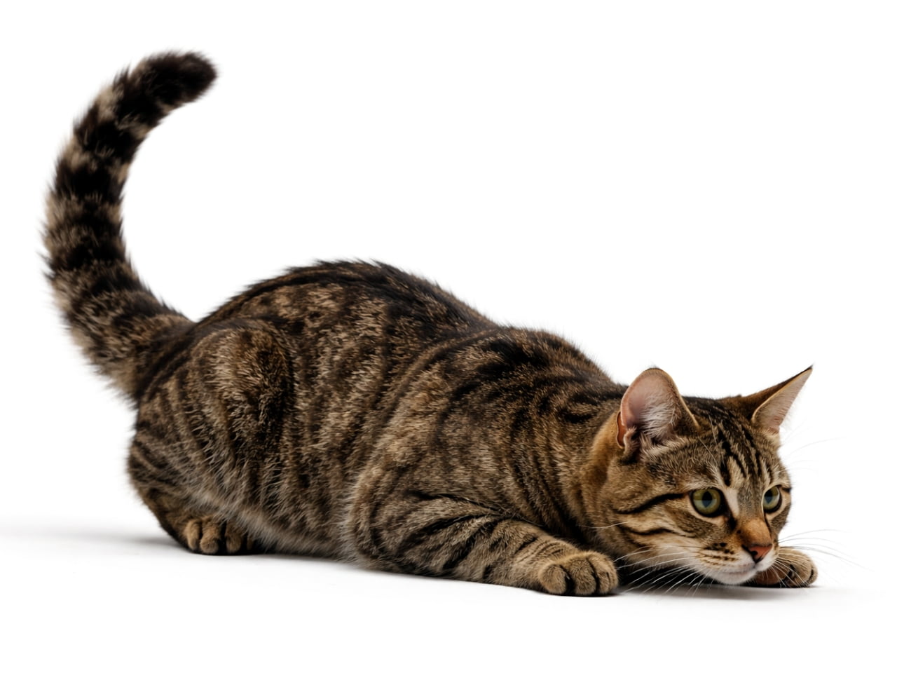 「ロックオン！この真剣な顔、何かを捕まえる予感…😏 #猫 #キジトラ #ハンティング #真剣な顔」Ultra-realistic high-quality photograph. A full-body view of an adult brown tabby cat on a clean white studio background. The cat is in a low, crouched hunting pose, eyes fixed forward with intense focus, paws ready. The entire body is in sharp focus. 白背景のスタジオで、体を低く伏せ、獲物を狙うポーズをとる成猫のキジトラ。鋭い眼差しと、力強く踏ん張る前足が真剣さを物語る。全身がシャープに写っている
