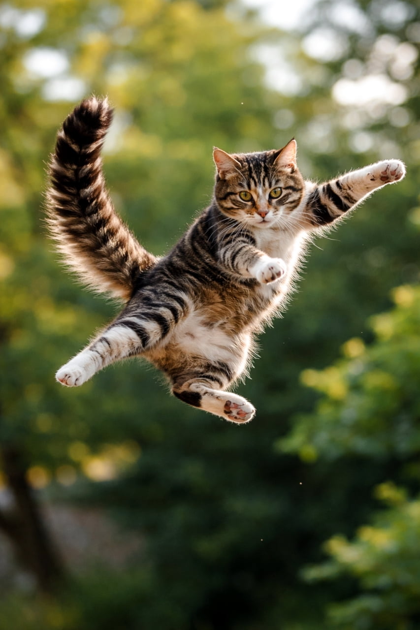 「「空飛ぶ猫」現る！🐈✨この躍動感、奇跡の一枚かも！？ #猫 #ジャンプ猫 #奇跡の一枚 #猫のいる暮らし」Ultra-realistic high-quality photograph. A full-body view of a brown and white tabby cat soaring through the air in a lush green outdoor setting. The cat has all four limbs extended and is looking directly at the camera with curious eyes. Natural backlight illuminates its fur. 緑豊かな屋外で、空中に舞い上がるキジトラ白猫の全身。四肢を大きく広げ、好奇心旺盛な瞳でカメラを見ている。自然光が逆光気味に当たり、毛並みが輝いている