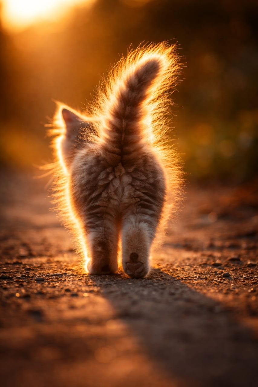 「夕日に向かって歩く小さな背中。何を思っているのかな？🥺🌅 #子猫 #後ろ姿 #夕暮れ #マジックアワー」Ultra-realistic high-quality photograph. The back view of a small kitten walking on a gravel path during sunset. Intense backlight highlights the fluffy fur, making it glow with a golden rim light. The distant background is softly blurred with warm bokeh. 夕暮れ時の砂利道を歩く小さな子猫の後ろ姿。強烈な逆光が、ふわふわの毛の輪郭を黄金色に輝かせている。遠景は暖かくボケており、ノスタルジックな雰囲気