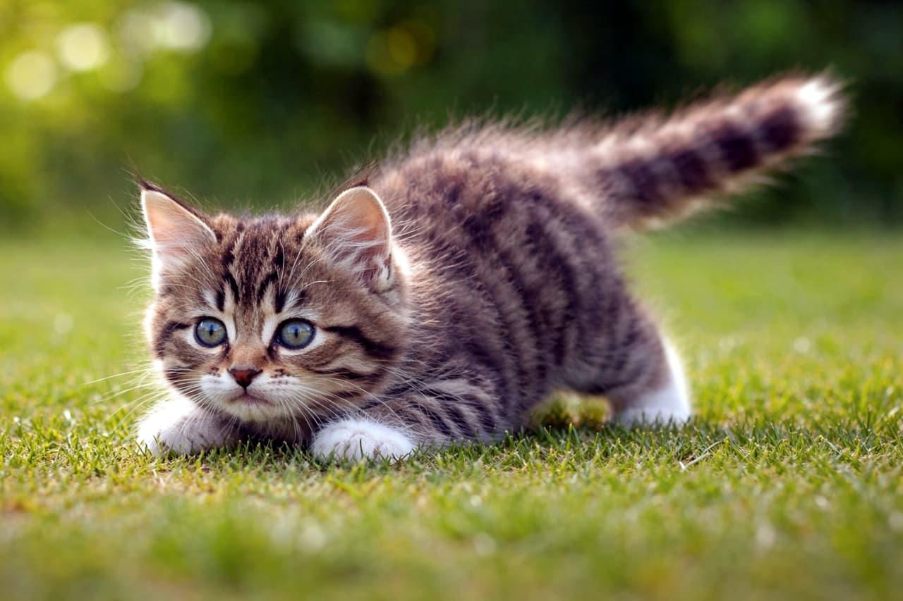 「草むらでこっそり…小さなハンターの誕生です！🌿🐾 #子猫 #芝生 #ハンター #癒しの時間」Ultra-realistic high-quality photograph. A kitten in a low, crouched hunting pose on vibrant green grass. Its fluffy brown tabby fur and wide, innocent eyes are highlighted. Soft natural daylight illuminates the scene. 鮮やかな緑の芝生の上で、体を低くして獲物を狙うポーズをとる子猫。ふわふわのキジトラ毛皮と、大きく見開いた無垢な瞳が印象的。自然光が柔らかく当たる