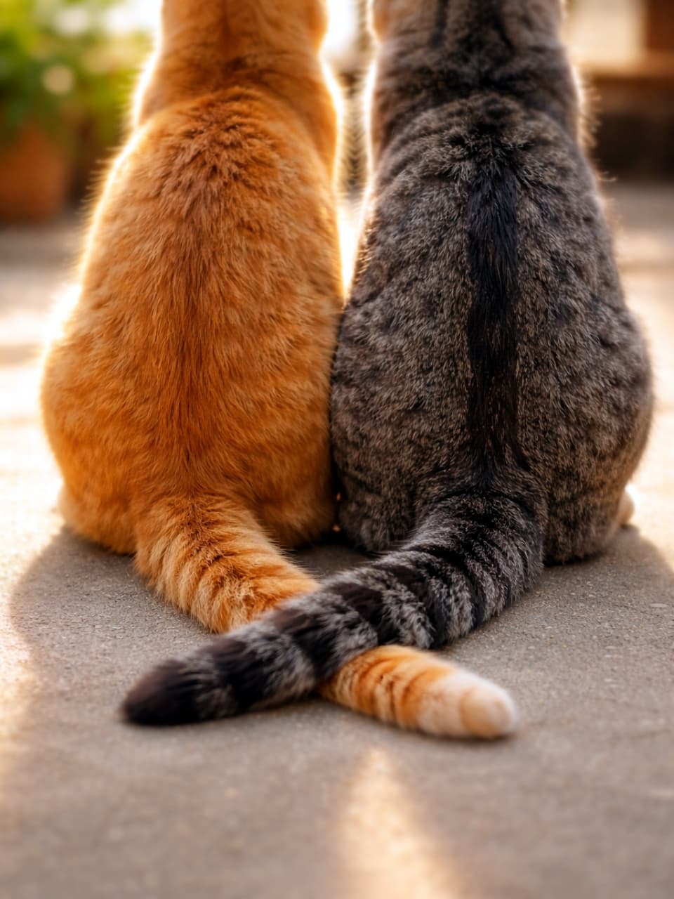 「ポカポカ陽気のなかで、しっぽで「大好き」のサイン💕 もふもふな2匹の背中から、仲の良さがめちゃくちゃ伝わってくるよ🥰」Two cats, an orange cat and a grey tabby, sitting right next to each other on a concrete surface, facing away from the camera, with their tails crossing to form an 'X' shape in the soft light. コンクリートの地面の上で、茶トラ猫とサバトラ猫がぴったりと寄り添って座り、夕暮れ時のような柔らかい光の中でしっぽを交差させている、心温まる後ろ姿