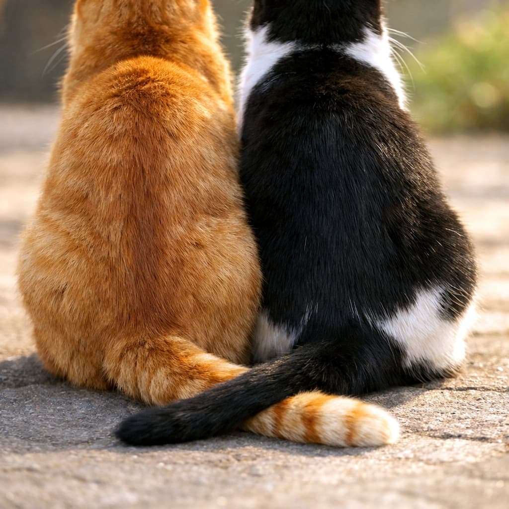 「茶トラさんとハチワレさんの、もふもふ背中コンビ🐱🧡 ピタッとくっついて、しっぽで愛を語り合ってるみたいで癒される〜！」Close-up back view of two cats, an orange tabby and a black and white tuxedo cat, sitting close together on a paved surface with their tails intertwined. 石畳のような地面の上に並んで座る、茶トラ猫と黒白のハチワレ猫のうしろ姿のアップ。2匹のしっぽがアルファベットのXのようにしっかりと交差している様子