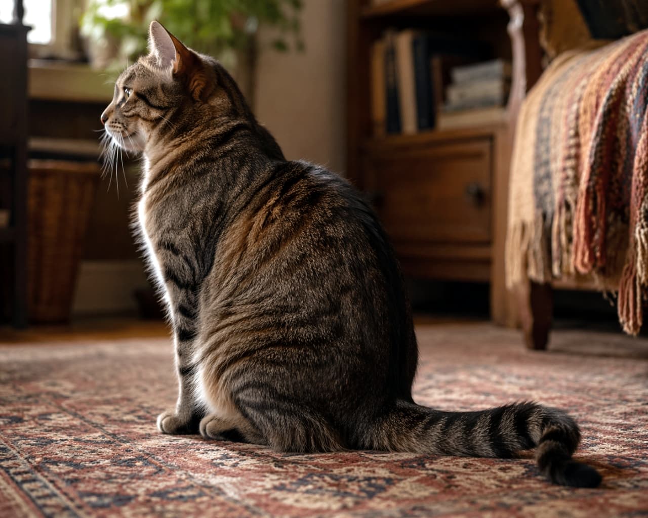 「ほっと一息リラックスモード☕️🌿アンティークなお部屋の雰囲気にぴったりな、落ち着いた大人の猫ちゃん🐈✨」Ultra-realistic high-quality photograph of a relaxed tabby cat sitting on a patterned rug in a warm room with antique furniture, looking to the side. アンティーク家具が置かれた暖かみのある部屋で、柄の入ったラグの上に座り横を向いてくつろぐキジトラ猫のリアルな高画質写真