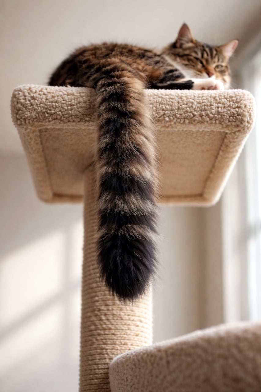 「しっぽ、だら〜ん🐈💤 ふわふわのしっぽに触りたくなっちゃう魅惑の後ろ姿✨ #猫好き #癒し時間」Ultra-realistic high-quality photograph of a relaxing tabby cat resting on top of a cat tower, with its thick fluffy tail hanging down beautifully in natural light. キャットタワーの最上段でくつろぐキジトラ猫。下に向かって豊かでふさふさとした尻尾が垂れ下がっている、自然光が美しい高品質な写真