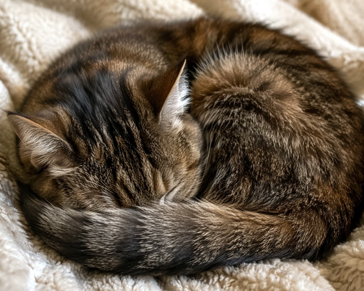 「ぽかぽか毛布で夢の中…🐈💤 見ているだけで癒される至福の寝顔です✨ #猫のいる暮らし #お昼寝」Ultra-realistic high-quality photograph of a tabby cat sleeping curled up on a fluffy blanket, highlighting the beautiful fur and warm lighting. ふわふわの毛布の上で丸くなって眠るキジトラ猫の高画質写真。美しい毛並みと暖かみのある光が強調され、リラックスした雰囲気が伝わる一枚