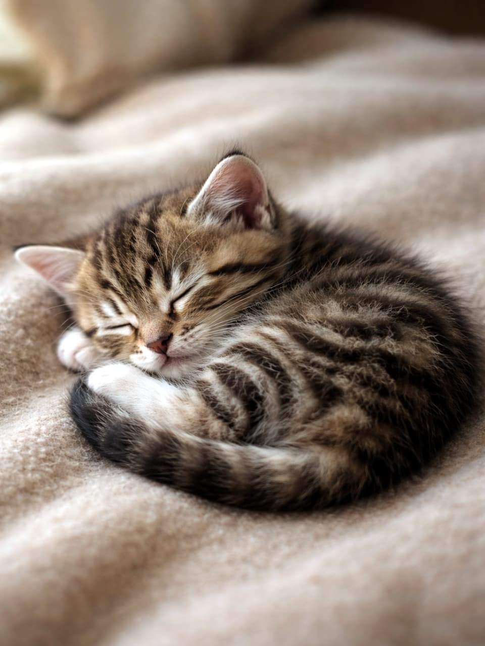 「スヤスヤ夢の中へ…💤 ふわふわ毛布に包まれて丸くなる子猫ちゃん、まさに天使の寝顔！見てるだけで疲れが吹き飛ぶ可愛さ😭💘」A tiny, adorable brown tabby kitten peacefully sleeping curled up in a tight ball on a soft, fluffy beige blanket, looking highly relaxed and comfortable. ふわふわで柔らかいベージュの毛布の上で、体を丸くしてぐっすりと気持ちよさそうに眠っている、とても小さなキジトラの子猫の愛らしい姿