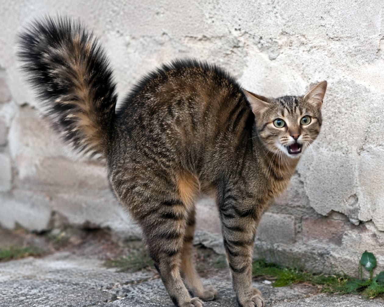 「何かにゃ！？🙀💨 びっくりしてしっぽがタヌキみたいになっちゃった！ #びっくり猫 #猫のいる生活」Ultra-realistic high-quality photograph of a surprised tabby cat with raised fur and open mouth against an old concrete wall, capturing a moment of tension and humor. 古いコンクリートの壁を背景に、驚いて毛を逆立て、口を開けて威嚇するキジトラ猫の高画質写真。緊迫感のあるユーモラスな一瞬が鮮明に写し出されている