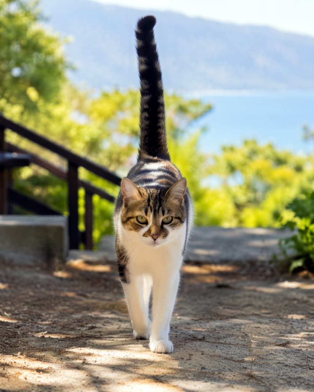 「お散歩たのしいニャ🐾🌿海が見える小道をご機嫌に歩く姿に、元気をもらえちゃいますね☀️✨」Ultra-realistic high-quality photograph of a tabby and white cat walking confidently towards the camera on a sunny path, with its tail straight up, against a background of sea and greenery. 海と緑を背景に、日向の小道をこちらに向かって力強く歩いてくる、尻尾をまっすぐ立てたご機嫌なキジトラ白猫のリアルな高画質写真