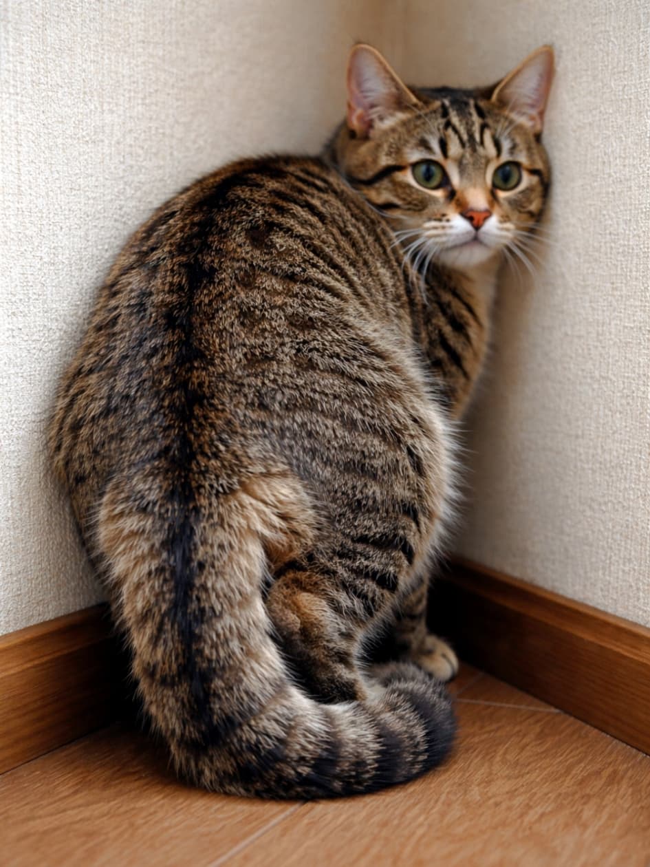 「「えっ、呼んだ？」って言いたげな、おめめまん丸のキジトラちゃん👀 隅っこにすっぽり収まってる姿がたまらなくキュート！💖」A brown tabby cat sitting curled up in the corner of a room on a wooden floor, looking back over its shoulder directly at the camera with large, slightly apprehensive eyes. フローリングの部屋の隅っこに少し身を縮めるようにして座り、肩越しにこちらをじっと見つめている、少し警戒しているような表情のキジトラ猫