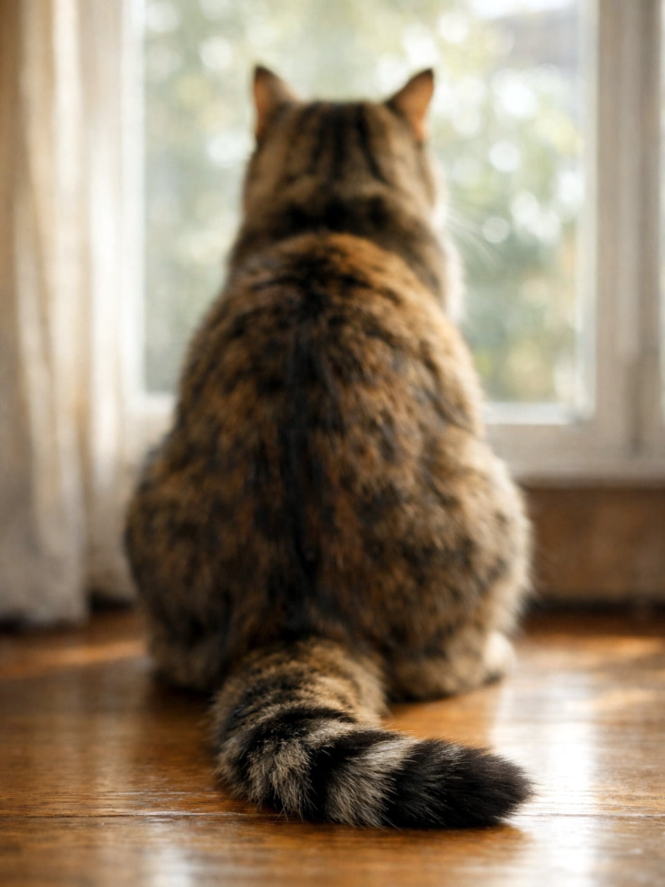 「窓の外に何が見えるのかな？🌿 ぽかぽか陽だまりの中で過ごす穏やかな午後☕️ #窓辺の猫 #猫のいる生活」Ultra-realistic high-quality photograph of a tabby cat sitting by a window bathed in soft sunlight, looking outside, with its beautifully striped tail resting on the wooden floor. 柔らかな陽光が差し込む窓辺で、外を眺めるように座るキジトラ猫の後ろ姿。木目の床に美しい縞模様の尻尾が伸びている高品質な写真