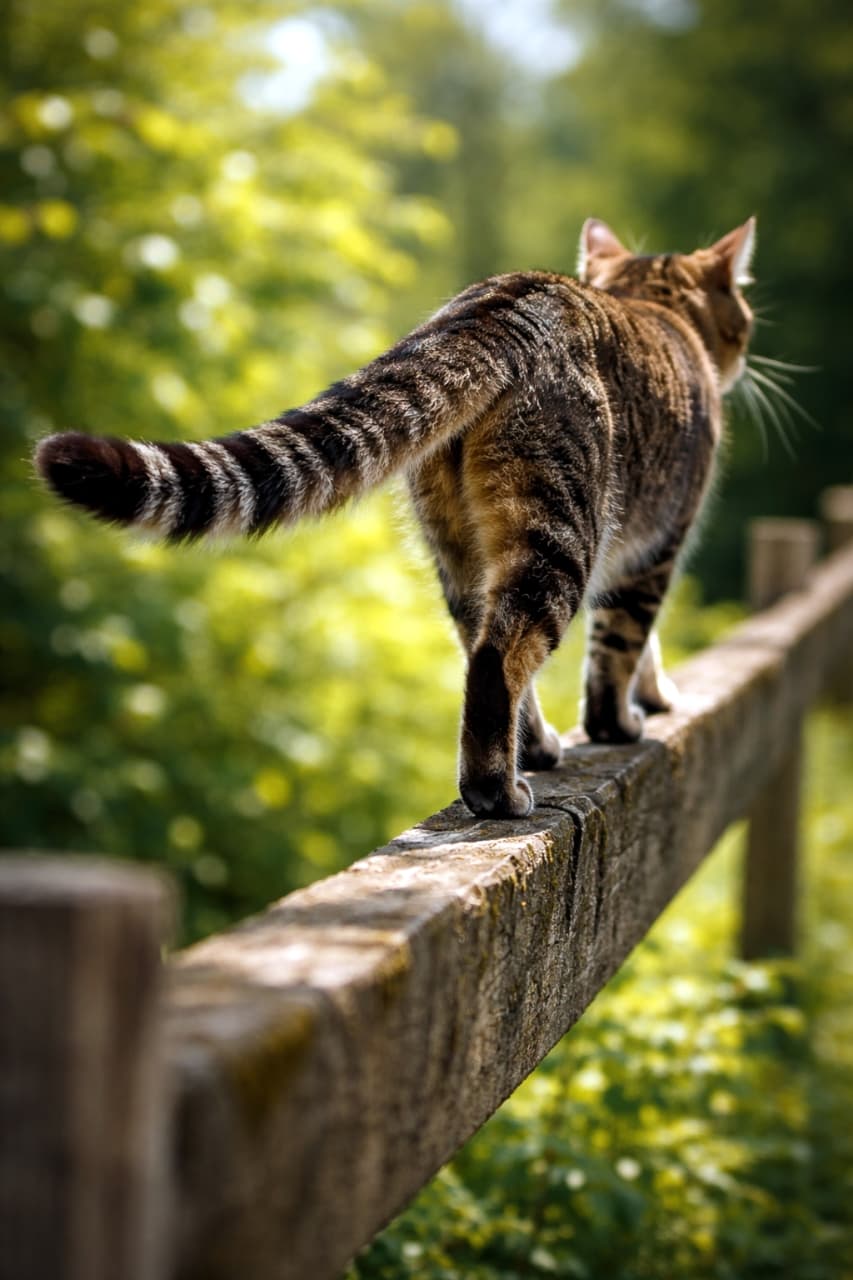「大自然の中をパトロール中！🌿 細い手すりの上もへっちゃらで歩く、バランス感覚バツグンな後ろ姿がかっこいいニャ🐾✨」Back view of a brown tabby cat balancing and walking away along a narrow wooden fence rail in a lush, sunlit green environment, with its striped tail held straight out. 緑豊かな自然の光の中、細い木製の柵の上を器用にバランスを取りながら歩いて遠ざかっていくキジトラ猫の後ろ姿。まっすぐ伸びた縞模様のしっぽが特徴的