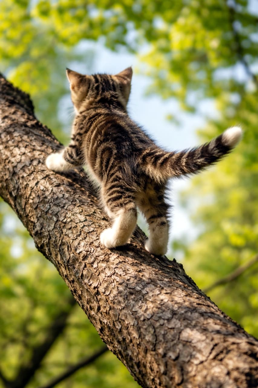 「小さな冒険家の誕生！🌳 白いおててで一生懸命に木登りする子猫ちゃん。どこまで高く登れるか、応援したくなっちゃうね😆📣」A small brown tabby kitten with white paws actively climbing up the rough bark of a thick tree trunk, viewed from below against a background of bright green leaves. 新緑の明るい葉を背景に、太い木の幹のゴツゴツした樹皮に爪を立てて、一生懸命に上へと木登りをしている小さなキジトラの子猫の後ろ姿