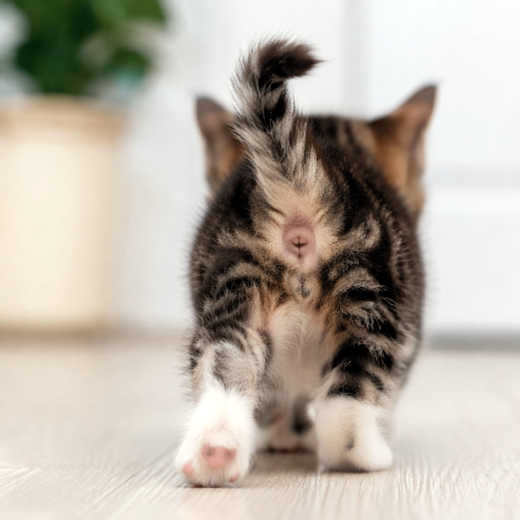 「キュートなおしりに釘付け😍💕トコトコ歩いていく小さな後ろ姿がたまらなく可愛い子猫ちゃん🐾✨」Ultra-realistic high-quality photograph of a tiny tabby kitten walking away on a floor, showing its cute bottom and back view from a low angle. 室内をトコトコと歩いて遠ざかる、小さなキジトラ子猫の愛らしいお尻と後ろ姿をローアングルで捉えたリアルな高画質写真