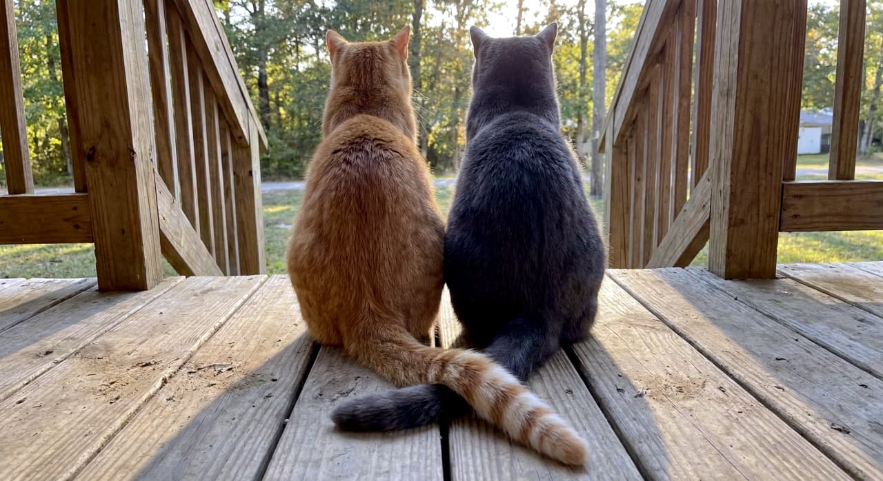 「ポカポカ陽気のウッドデッキで、仲良しにゃんこが特等席をキープ🐾 しっぽをクロスさせてる後ろ姿が尊すぎる…！🥺✨」Two domestic cats, one orange tabby and one solid grey, sitting side by side on a wooden porch facing away from the camera, with their tails affectionately crossed in the sunlight. 木の温もりが感じられるウッドデッキの上に、茶トラ猫とグレーの猫が並んで座り、背中を向けて外の景色を眺めながら、仲良くしっぽを交差させている様子