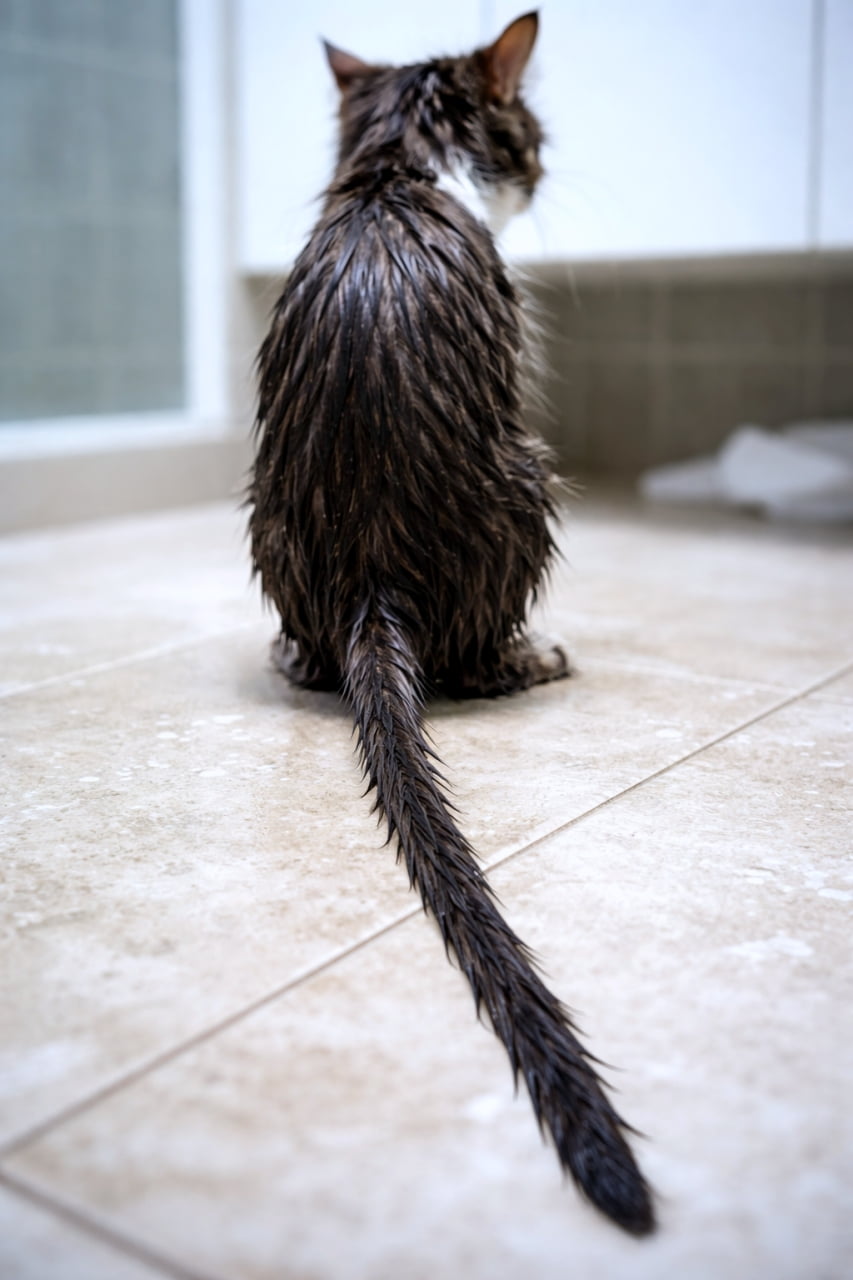 「濡れネズミ…ならぬ「濡れ猫」。この哀愁、誰か助けてあげて😭💦 #猫 #お風呂 #濡れ猫 #哀愁」Ultra-realistic high-quality photograph. The back view of a wet cat sitting on a tiled floor after a bath in a bathroom. Its fur is clumped, making its body appear thin. Its long tail stretches across the tiles, with a poignant, distant gaze. お風呂場で、濡れた状態でタイルの上に座る猫の後ろ姿。毛がくっつき、体が細く見える。長い尻尾を床に伸ばし、どこか遠くを見ているような、哀愁漂う構図