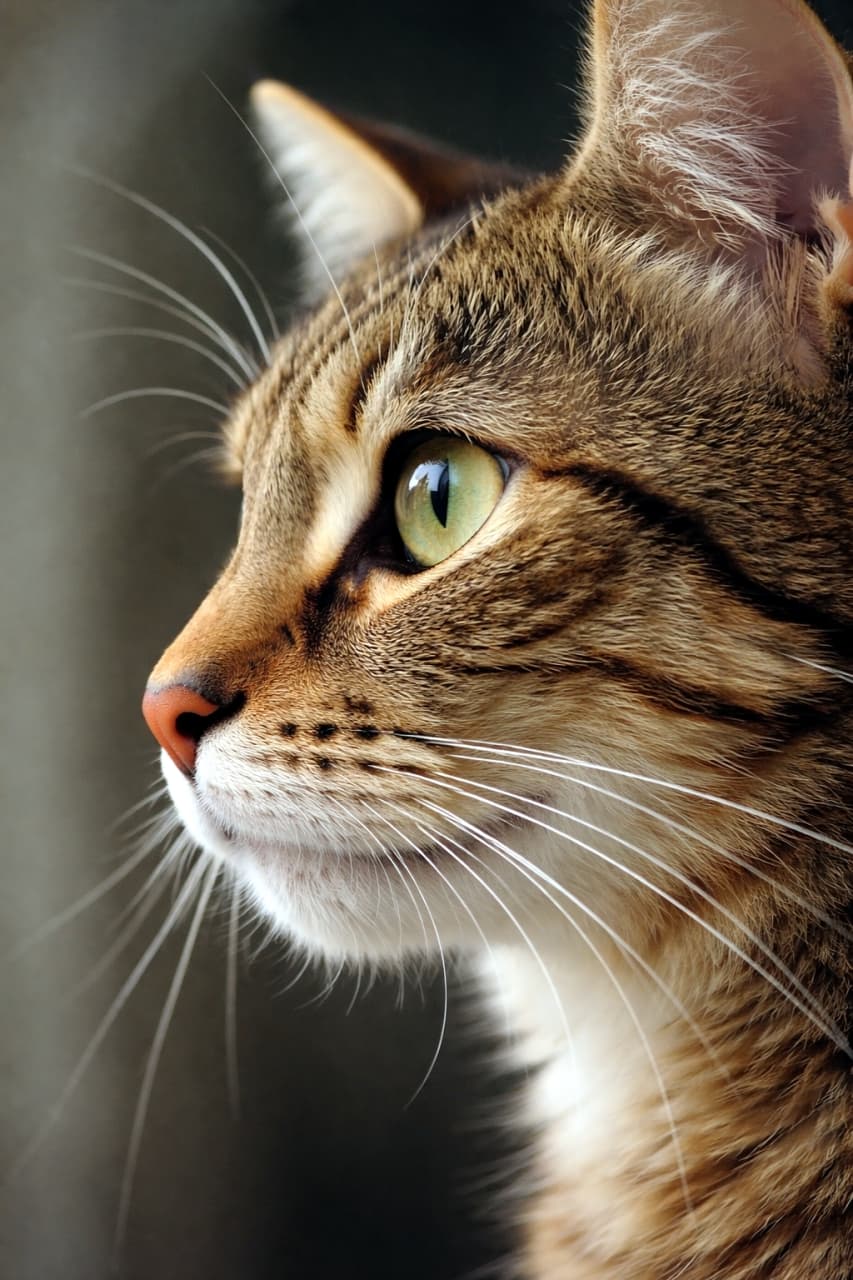 「何か気になるものがあるのかな？👀 横顔も凛々しくてステキ😻✨ ふわふわの毛並みも最高！ #猫のいる暮らし #ねこ部」Ultra-realistic high-quality photograph of a beautiful tabby cat in profile, looking away with natural light highlighting its detailed fur and dignified expression. 遠くをじっと見つめるキジトラ猫の美しい横顔の写真。自然光が当たり、立体感のある毛並みと凛とした表情が際立っている