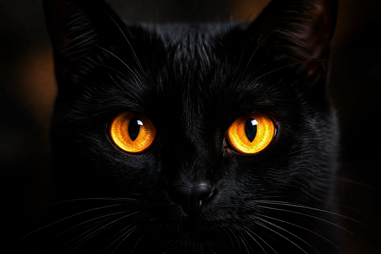 「暗闇に光るオレンジの宝石✨吸い込まれそうな黒猫ちゃんの神秘的な瞳にドキッとしちゃう🐈‍⬛🧡 #黒猫 #猫の目 #神秘的」Ultra-realistic high-quality photograph of a black cat with vivid orange eyes emerging from a dark background, close-up shot showing detailed fur texture. 漆黒の背景に浮かび上がる、鮮やかなオレンジ色の瞳を持った黒猫の顔のクローズアップ写真。毛並みの質感がリアルに表現されている