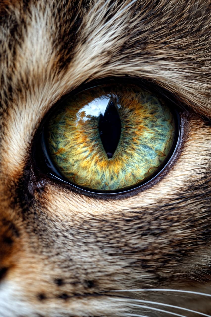 「まるで宝石か宇宙みたい…✨ 猫の瞳ってこんなに美しいんだって、改めて感動しちゃいますよね💎🐈」Ultra-realistic high-quality macro photograph of a cat's eye, revealing the intricate details of the yellow and green iris and reflections in the pupil. 猫の瞳を極限まで拡大したマクロ写真。黄色と緑が混ざり合った虹彩の複雑な模様と、周囲の景色が反射している瞳孔が鮮明に写し出されています