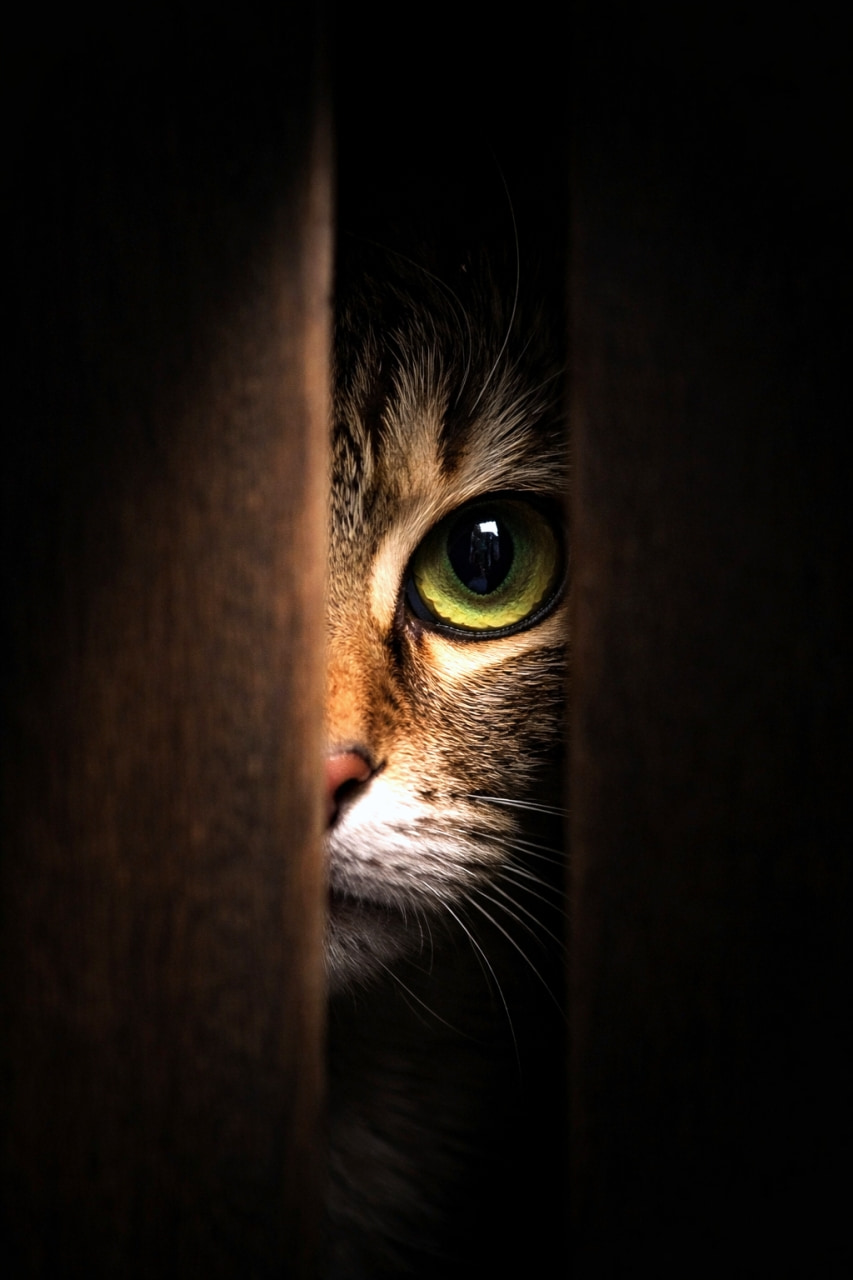 「隙間からチラリ👀✨暗闇に浮かぶエメラルドグリーンの瞳がミステリアスで引き込まれる…！🐈‍⬛🌙 #猫の目 #魅惑の瞳」Ultra-realistic high-quality photograph of a tabby cat's beautiful green eye peeking through a wooden crevice in the dark, mysterious mood. 暗い背景の中、木の隙間からじっとこちらを見つめるキジトラ猫の美しい緑色の片目