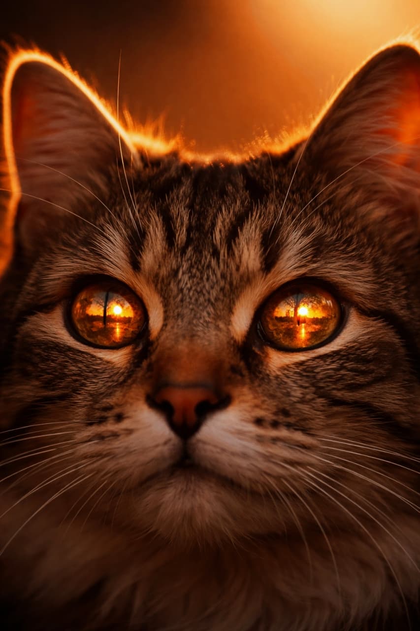 「瞳の中に夕焼け空が…🥺🌇 神秘的な輝きから目が離せない！みんなもこの瞳に吸い込まれてみて✨ #猫のいる暮らし #夕焼け空」Ultra-realistic high-quality photograph of a tabby cat's face close-up, with the setting sun and silhouettes of trees beautifully reflected in its wide-open eyes, and its ears glowing golden from the backlighting. 夕日を背に受けるキジトラ猫の顔のクローズアップ。大きく見開かれた両目には、沈みゆく太陽と木々のシルエットが美しく反射しており、逆光によって耳の輪郭が黄金色に輝いている高画質な写真