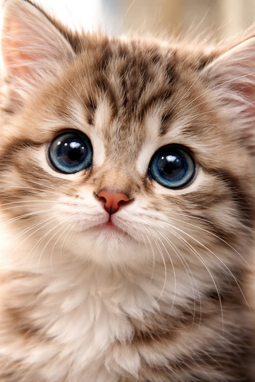 「ぬいぐるみみたいなモフモフ感に胸キュン不可避💘あどけないブルーアイの子猫ちゃんにメロメロです🐈🍼 #子猫 #こねこ #ふわふわ」Ultra-realistic high-quality photograph of an incredibly cute fluffy kitten with bright blue eyes, soft lighting and a warm atmosphere. クリクリとした青い瞳でこちらを見つめる、ふわふわの毛並みの子猫のクローズアップ写真。柔らかく温かみのある光が可愛らしさを引き立てている