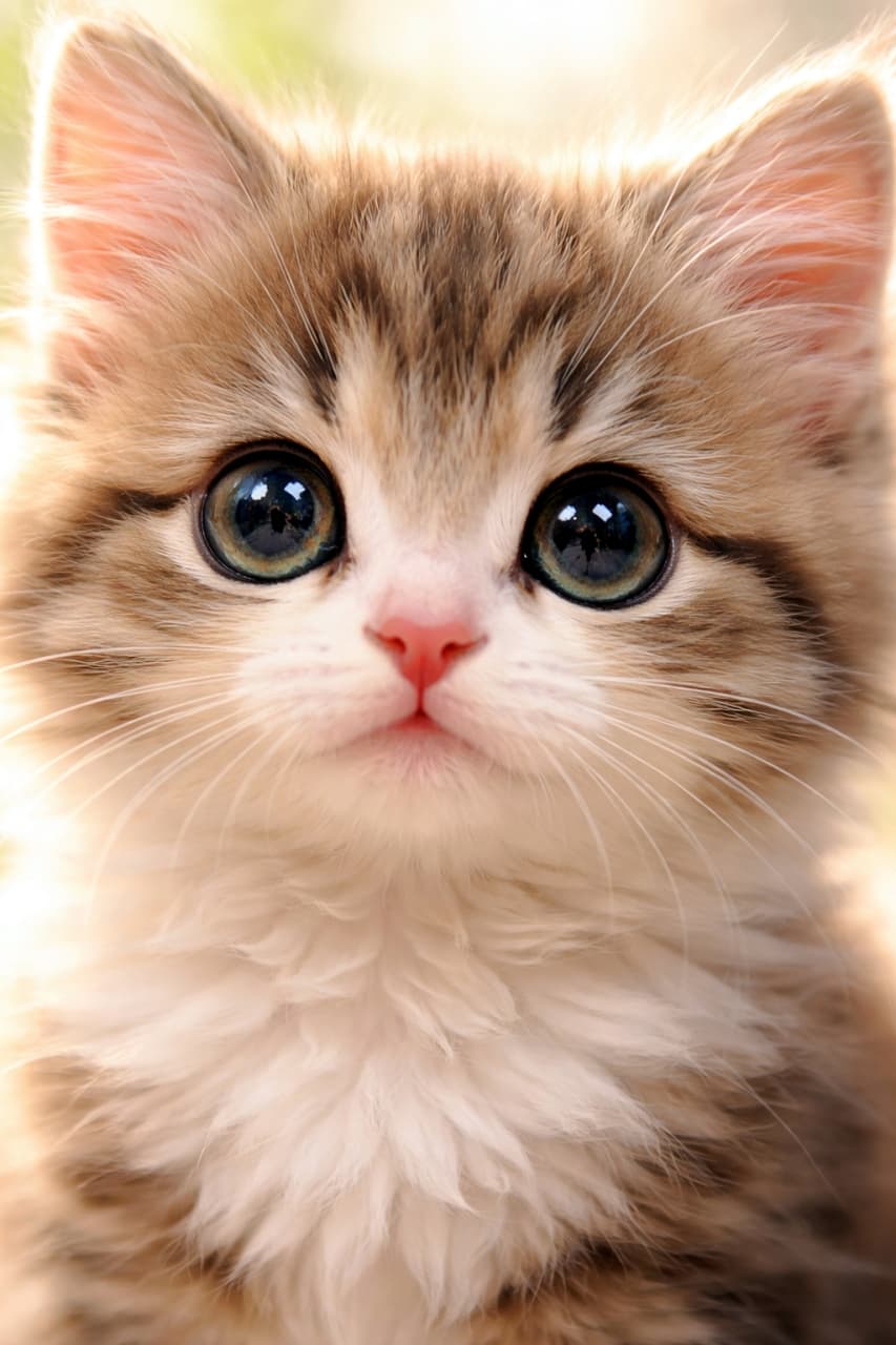 「光の妖精かな？🧚‍♀️✨ふわふわ毛並みとウルウルの瞳にキュン死確定！今日も癒やされてね🐾 #子猫 #癒やし」Ultra-realistic high-quality photograph of a fluffy kitten with large round eyes bathed in warm, bright sunlight, close-up portrait. 暖かな自然光に包まれた、ふわふわの毛並みと大きな丸い瞳を持つ子猫の正面アップ写真