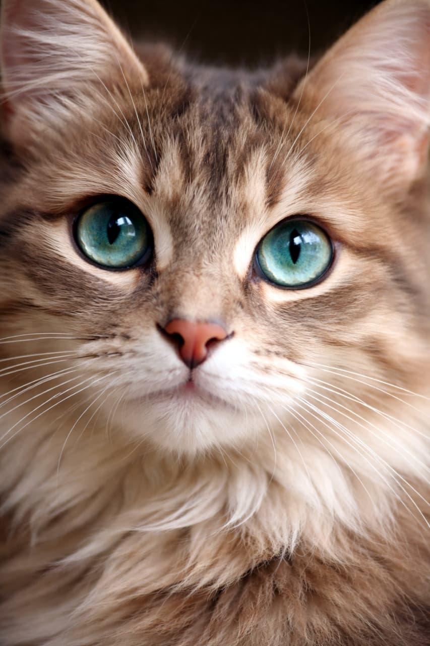 「もふもふの毛並みと魅惑的な瞳にメロメロ🥰 気品あふれる姿に、ずっと見ていられる可愛さ💖 #長毛猫 #猫の瞳」Ultra-realistic high-quality close-up photograph of a fluffy long-haired cat with captivating blue-green eyes, illuminated by soft light creating an elegant atmosphere. 魅力的な青緑色の瞳を持つ、ふわふわとした長毛種の猫の正面アップ写真。柔らかな光が優しくエレガントな雰囲気を演出している