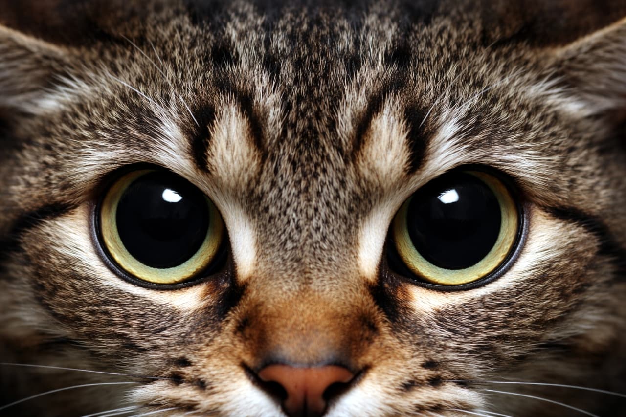 「そんなに見つめられたらキュン死しちゃうよ〜💘 まん丸おめめの破壊力、凄まじいです🐈💨 #猫のいる生活 #ねこのきもち」Ultra-realistic high-quality photograph of a cat's face front close-up with wide, round pupils. The strong, direct gaze and the fluffy texture of the fur around the face are realistically expressed. まん丸に黒目がちになった猫の両目の正面クローズアップ写真。カメラをじっと見つめる強い視線と、モフモフとした顔周りの毛並みの質感がリアルに表現された高解像度画像