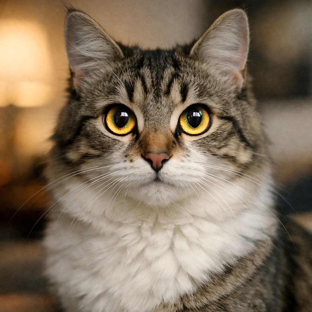 「金色の大きな瞳が吸い込まれそう！キラキラおめめで真正面を見つめる、イケメンなキジトラ白ちゃん💕」A photorealistic, close-up photograph of a beautiful, long-haired tabby and white cat with striking, large, glowing golden eyes looking directly at the camera. Soft natural light, with the cat's face and upper body clearly visible. A blurred cozy indoor background with a bookshelf and lamp glow. 居心地の良いぼやけた室内で、非常に大きく印象的な金色に光る目をした美しい長毛のキジトラ白猫が真正面を見つめている写実的なクローズアップ写真。柔らかい自然光の中、顔と上半身が明確に描写されている。背景には本棚やランプの光が見える