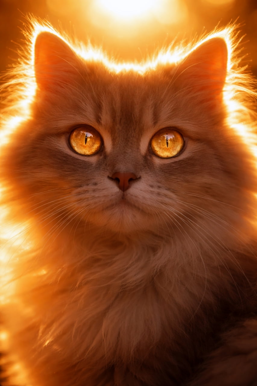 「夕日に照らされて、まるで神様みたい…✨ 黄金色に輝くふわふわの毛並みにうっとりしちゃいますね🐈💛」Ultra-realistic high-quality photograph of a long-haired cat bathed in beautiful sunset backlighting, creating a glowing halo effect around its fur. 夕日の逆光を浴びて、輪郭のふさふさとした被毛が黄金色に輝いている長毛猫の正面ポートレート。神秘的で暖かな光に包まれています