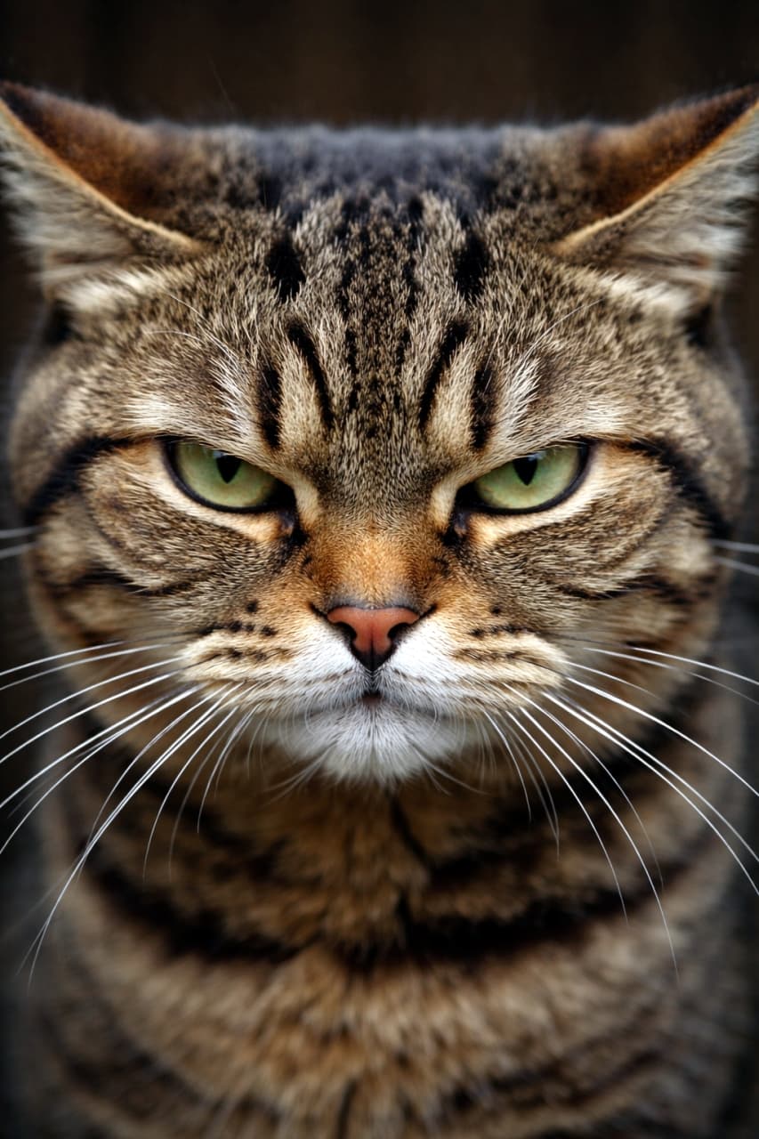 「「何か文句あるニャ？」😾ご機嫌ナナメな表情も一周回って愛おしい！怒ったお顔も最高にキュートです💕 #おこ顔 #猫のいる暮らし」Ultra-realistic high-quality photograph of a grumpy tabby cat with airplane ears staring intently at the camera with an angry expression. 少し耳を伏せて不機嫌そうな表情でカメラを睨みつける、迫力あるキジトラ猫の正面写真